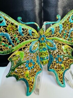 Large Vintage Jeweled Butterfly Brooch- Green and Turquoise